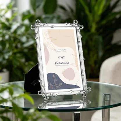 Classic Home Collection Silver Photo Frame, 4x6 Inch, Bow Accents with Crystal, Decorative Picture Frame (Silver) - color: Silver