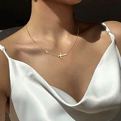 VIROMY Gold Cross Necklace for Women 14K Gold Plated Cute Sidways Cross Pendant Choker Necklaces Simple Trendy Everyday Jewelry for Women - style: Sideways Crystal Cross-40CM-Gold