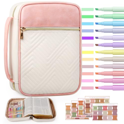 BellaHold Bible Cover Case for Women Quilted Bible Case with Handle Strap - color: White & Pink, size: XL