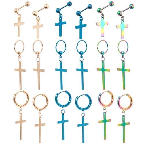 NEWITIN 9 Pairs Cross Earrings for Men Women Stainless Steel Earrings Set - color: Exquisite Colorful