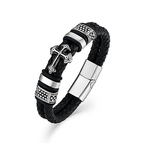 Mens Christian Cross Double Row Leather Bracelet, Religious Braided Cuff Bracelet for Men - color: Black, size: 8.5 inches