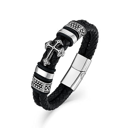 Mens Christian Cross Double Row Leather Bracelet, Religious Braided Cuff Bracelet for Men - color: Black, size: 8.5 inches