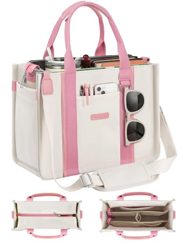FIORETTO Women’s Canvas Tote Bag Purse with Zipper, Multi Compartment & Reinforced Bottom, Ideal for Work, Bible, Travel - color: Beige & Pink, size: Medium, style: Built-in Organizer