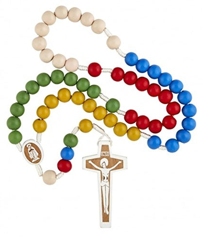 Religious Gifts Mulit Color Wooden Prayer Bead Laser Engraved Mission Rosary, 17 Inch (Pack of 12)