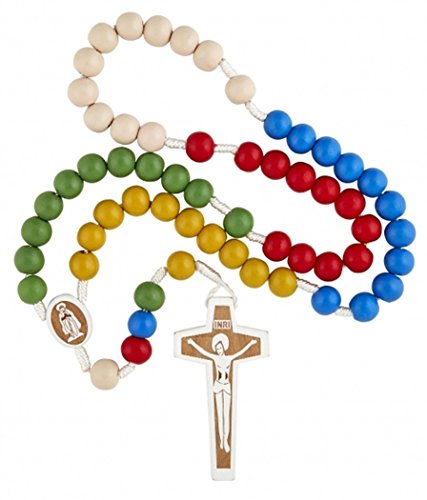 Religious Gifts Mulit Color Wooden Prayer Bead Laser Engraved Mission Rosary, 17 Inch (Pack of 12)