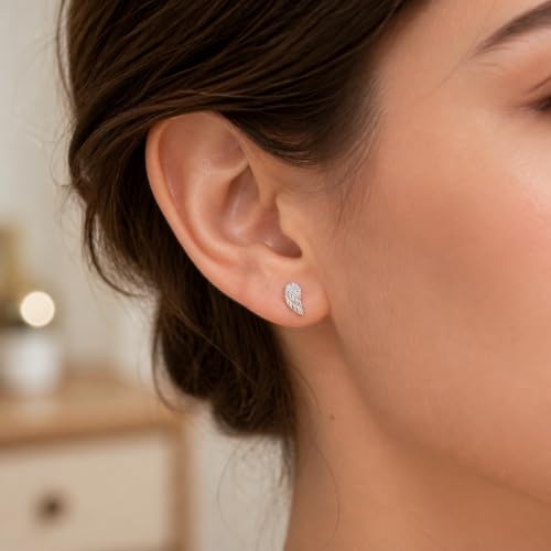 ICYROSE 925 Sterling Silver Tiny Angel Wing Stud Earrings (Nickel Free) - color: Cubic Zirconia