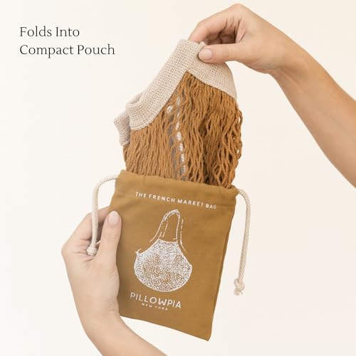 PILLOWPIA French Market Bag – Organic Cotton Tote, Handcrafted Adjustable Strap, Eco-Friendly 12-15" Farmers Market Carrier - color: Goldenrod