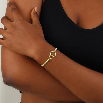 Beaded Bracelets for Women 14K Silver Gold Plated Stretch Handmade Ball Bracelets Cute Charm Bracelet Dainty Stackable Cross Heart Bow Wave CZ Circle Trendy Jewelry Easter Gifts - color: Gold-1