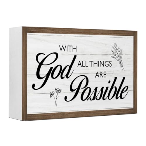 With God All Things are Possible Bible Verse Wooden Box Sign Desk Decor,Rustic Scripture Wooden Block Plaque Sign for Christian Farmhouse Home Office Shelf Table Wall Decor