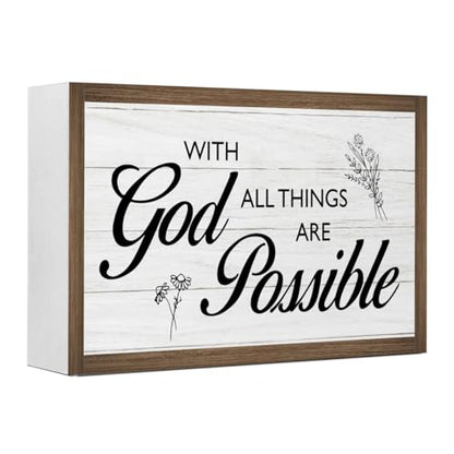 With God All Things are Possible Bible Verse Wooden Box Sign Desk Decor,Rustic Scripture Wooden Block Plaque Sign for Christian Farmhouse Home Office Shelf Table Wall Decor
