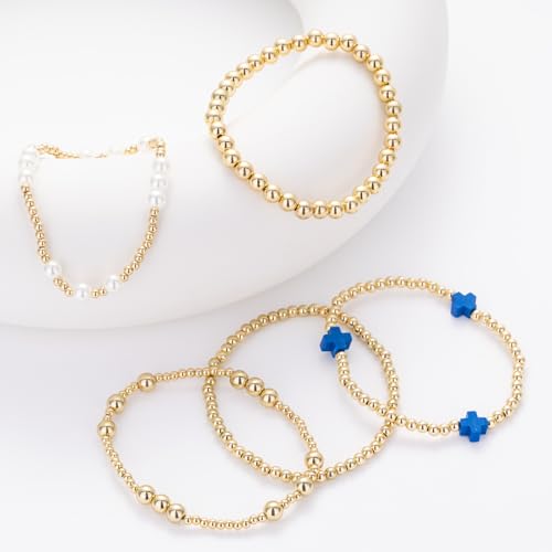 Gold Beaded Pearl Cross Bracelets Stackable Christian Stretch Jewelry Set - color: Royal Blue