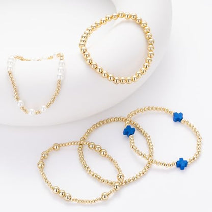 Gold Beaded Pearl Cross Bracelets Stackable Christian Stretch Jewelry Set - color: Royal Blue
