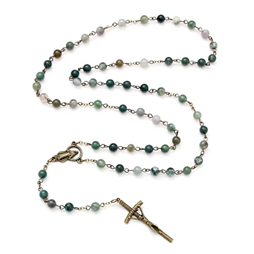 KOMI Rosary Beads Catholic for Women Gemstone Rosary Beads Necklace with Crucifix Cross Crystal Pearl Rosary Rosarios Catolicos Catholic Gifts - style: 6mm Agate Beads