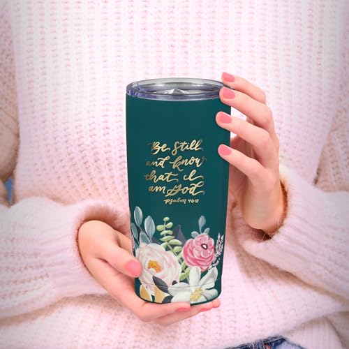 Christian Art Gifts Large Be Still and Know Travel Mug Tumbler for Women - color: Teal Floral/Be Still