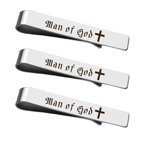 Man Of God Tie Clips 3 Set - Godfather Godson Christmas Engraved Gifts for Men Son Husband Dad Birthday Gifts from Wife - style: silver 3 pcs