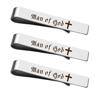 Man Of God Tie Clips 3 Set - Godfather Godson Christmas Engraved Gifts for Men Son Husband Dad Birthday Gifts from Wife - style: silver 3 pcs
