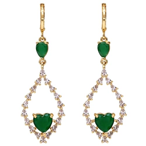 18K Gold Plated, Dangle Earrings for Women, Flower/Heart Drop earrings, Hypoallergenic Cubic Zirconia Earrings, Lightweight, Party, gold earrings, Jewelry for Gifts, Fashion - style: 7508-Green