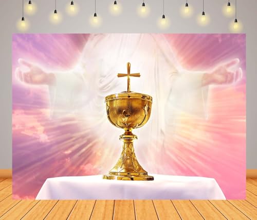 BELECO 7x5ft Fabric Holy Communion Backdrop Chalice in an Altar with God Light Holy Eucharist Theme Background First Communion Party Decorations Christian Church Sanctuary Banner Photo Studio Props - size: 7x5FT