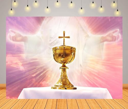 BELECO 7x5ft Fabric Holy Communion Backdrop Chalice in an Altar with God Light Holy Eucharist Theme Background First Communion Party Decorations Christian Church Sanctuary Banner Photo Studio Props - size: 7x5FT