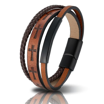 Mens Leather Cross Bracelet Multilayer Braided Wristband Bangle Bracelets with Stainless Steel Buckle Religious Gift for Men Brown/Black/Blue–8.3 inch - color: Light Brown-2, size: 8.3in(Fits most wrists)
