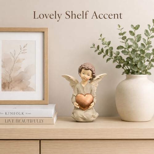 Guardian Angel Figurine Holding Gold Heart - size: 5.12"H