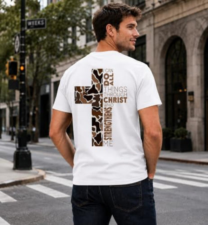 Christian Shirts for Men I Can Do All Things Through Christ Cross T-Shirt - color: White, size: Small