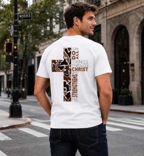 Christian Shirts for Men I Can Do All Things Through Christ Cross T-Shirt - color: White, size: Small