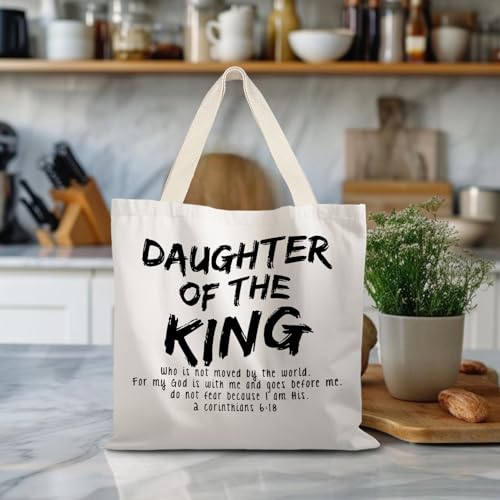Walk by Faith Christian Canvas Tote Bags for Women, Christian Gifts for Women Faith, Bible Verse Gifts - color: Daughter of the King