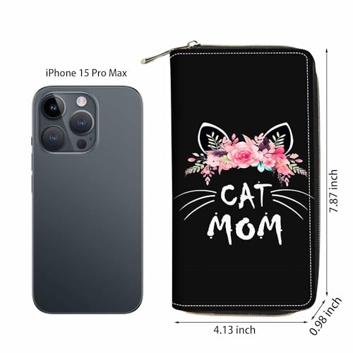 Cat Mom Floral Print Wallet for Women Large Capacity Wallet Credit Card Holder PU Leather Zipper Clutch Purse Phone Wallet - color: Cat Mom Floral