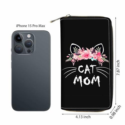 Cat Mom Floral Print Wallet for Women Large Capacity Wallet Credit Card Holder PU Leather Zipper Clutch Purse Phone Wallet - color: Cat Mom Floral