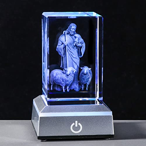 YWHL 3D Crystal Good Shepherd Statue with Colorful Base Laser Engraved Jesus Figurine for Religious Gifts for Women Men on Christmas, Christian Catholic Church Keepsakes - color: The Good Shepherd Jesus and the Lamb