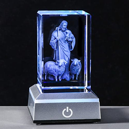 YWHL 3D Crystal Good Shepherd Statue with Colorful Base Laser Engraved Jesus Figurine for Religious Gifts for Women Men on Christmas, Christian Catholic Church Keepsakes - color: The Good Shepherd Jesus and the Lamb