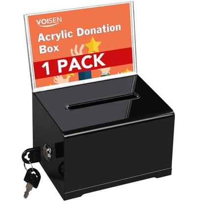 VOISEN Acrylic Donation Box with Lock, Black Tip Jar with Sign Holder