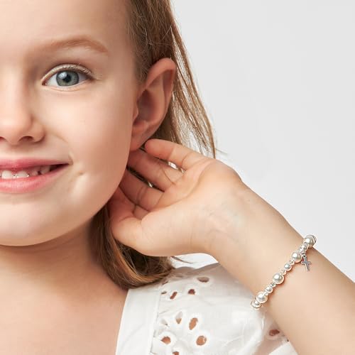 Baby Crystals Sterling Silver Cross Charm | White Pearl Baptism Bracelet - style: 6 years – Adults Adjustable