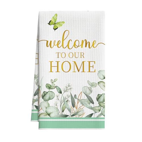 Gold Foil Greenery Kitchen Towels, Eucalyptus Leaves Dish Towel for Kitchen Bathroom, Sage Green Decorative Hand Towels, Welcome to Our Home Fast Drying Tea Towel, Spring Gifts Home Decor-S04 - color: Gold Foil Greenery