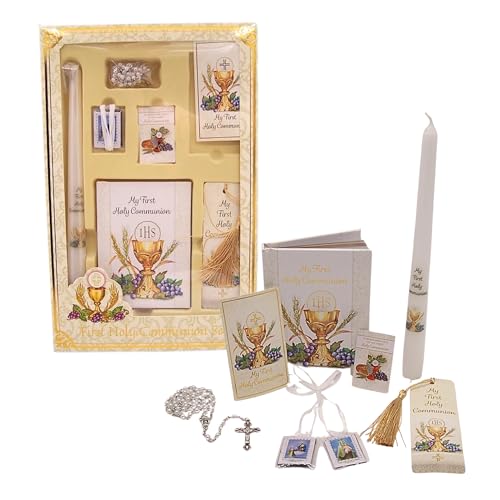 First Holy Communion Gift Set for Girls – Complete Communion Keepsake Kit with Prayer Book, Rosary, Candle, Scapular & Bookmark