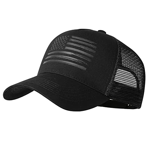 Baseball Cap, American Flag Trucker Hat for Men Women, Breathable Adjustable Fit Outdoor Mesh Snapback Hats - color: Black/Black Flag