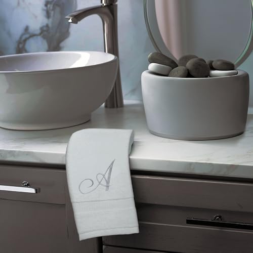 Monogrammed Fingertip Towels, Personalized Gift, 11 x 18 Inches - Set of 4 - Silver Script Embroidery - Extra Absorbent 100% Turkish Cotton- Soft Terry Velour- for Bathroom, Kitchen and Spa- A White - style: Initial A