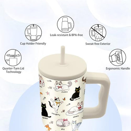 24oz Cute Cat Tumbler with Handle & Straw, Gift For Cat Lovers - color: Cat7