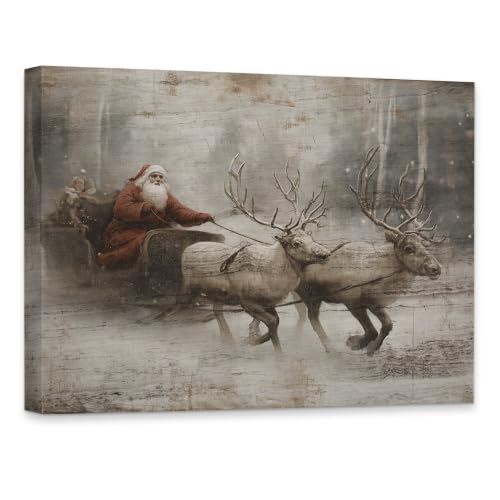 KSDUT Vintage Christmas Santa and Reindeer Framed Wall Art 14x11 Inch - color: Christmas-21