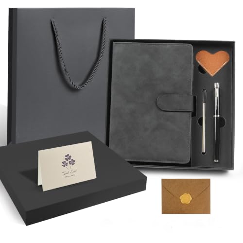 A5 Leather Journal for Women Men, Hardcover Notebook Set with Pen, Black - color: Black
