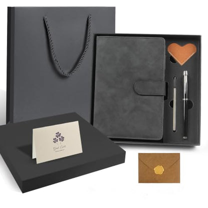 A5 Leather Journal for Women Men, Hardcover Notebook Set with Pen, Black - color: Black