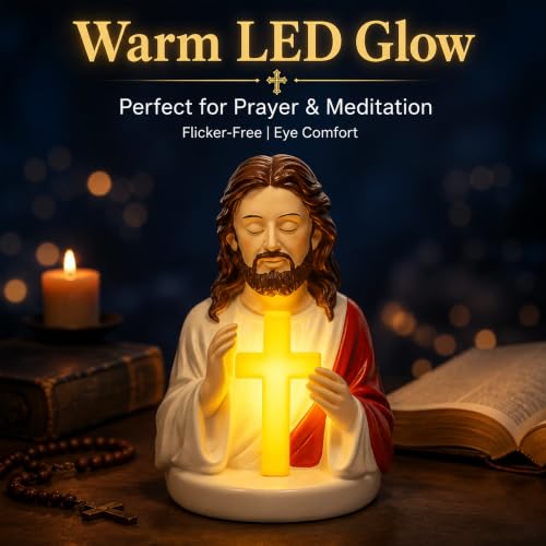 Sacred Jesus Cross Figurine LED Night Lamp, 6'' Resin Jesus Bust Statue with Illuminated Cross, Soft Warm Light Prayer Devotional Lamp,Gift for Baptism, Easter, Christmas, Housewarming - color: Red