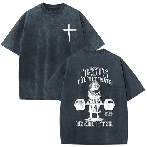 Mens Oversized Christian Shirts Jesus Faith Shirt Funny Gym Graphic Tees God Religious Bible Verse Acid Wash Tshirts - color: Denim Blue, size: Small