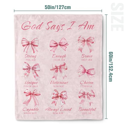 Jekeno Christian Gifts Blanket God Says I Am Pink Bow Scripture Blanket - color: God Says I Am, size: 50x60 Inch