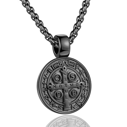 St Benedict Exorcism Medal Necklace for Men Catholic Cross Pendant - color: Black