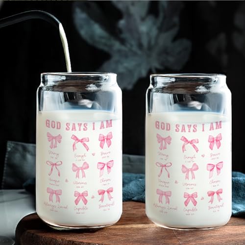 Coquette Pink Bow Christian Glass Cup with Lids and Straws 14oz, Christian Gifts for Women, God Says I am Bible Verse Glass Iced Coffee Tumbler Drinking Jars with Cleaning Brush - color: Pink Bow5