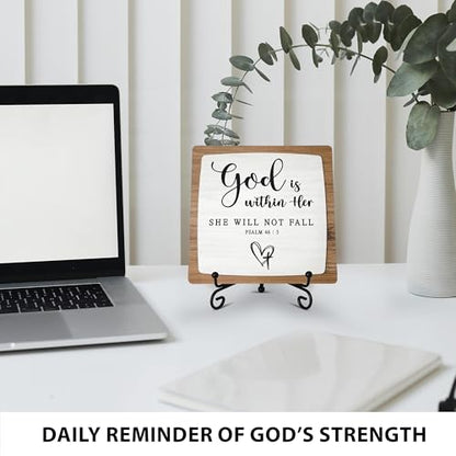 God Is Within Her Wooden Plaque, Christian Table Decor with Stand - color: God Is Within Her