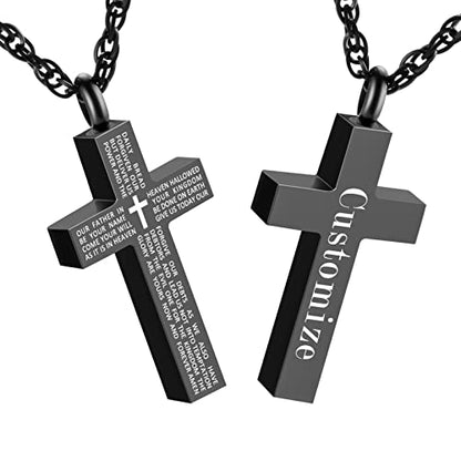 Cremation Cross Necklace for Ashes Stainless Steel Cross Urn Pendant Ashes Holder Memorial Jewelry-With Me Always - style: Lord's Prayer-Black customize