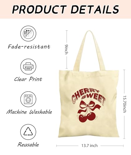 Women's Canvas Tote Bags with Inner Pockets & Metal Snap, Reusable Tote Bag for Girl's Vacation Travel Gym Shopping - color: Cherry 1